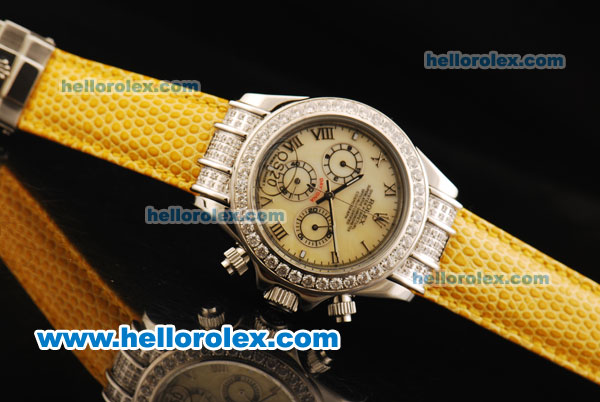Rolex Daytona Chronograph Miyota Quartz Movement Diamond Bezel with Roman Numerals and White Dial - Yellow Leather Strap - Click Image to Close